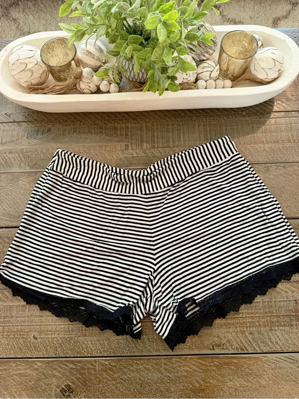 SOMA Striped Black & White Lounge Shorts with Lace Trim